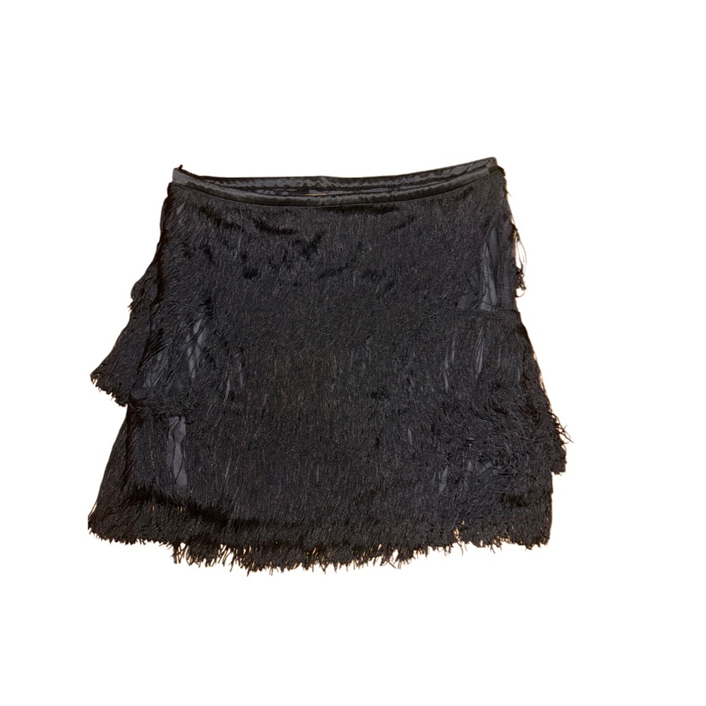 Zara Basics Black Fringe Mini Skirt - Layered Tassel Detail Women's Size Large